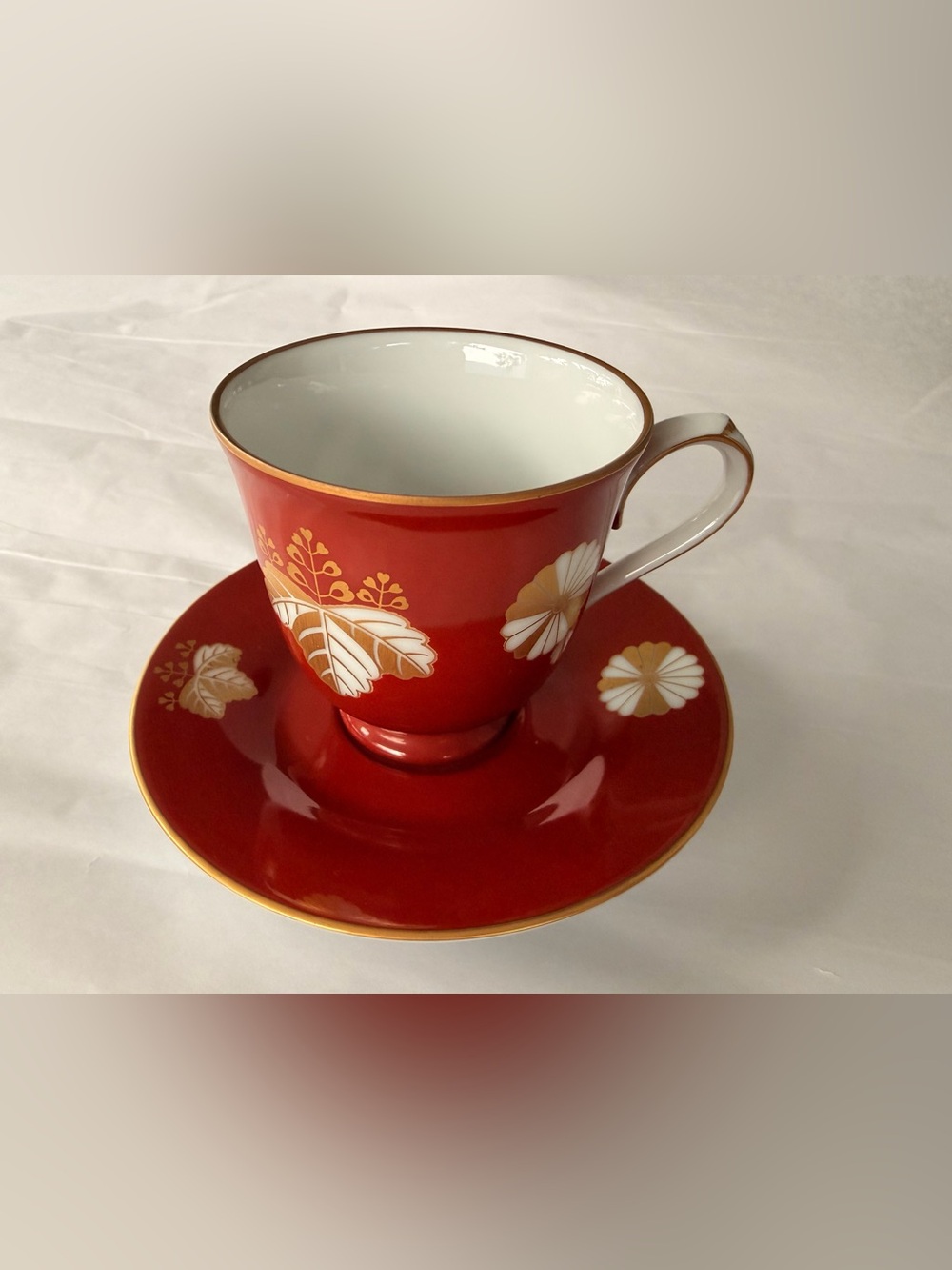 Noritake Danbury Mint Red Gold Chrysanthemum Cup Saucer Japan Vintage